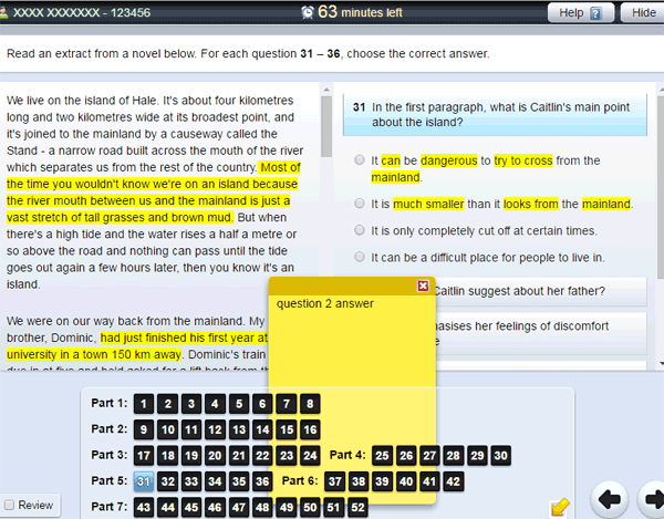FCE computer exam highlighting and leaving notes
